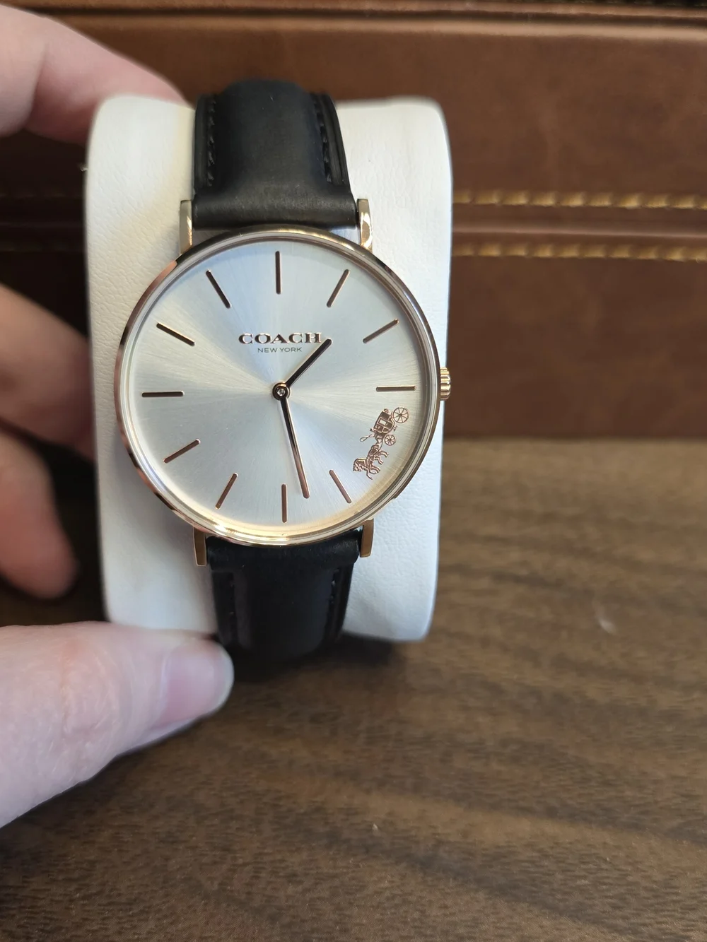 COACH Womens Classic Rose Gold Case Watch with Black Leather Strap